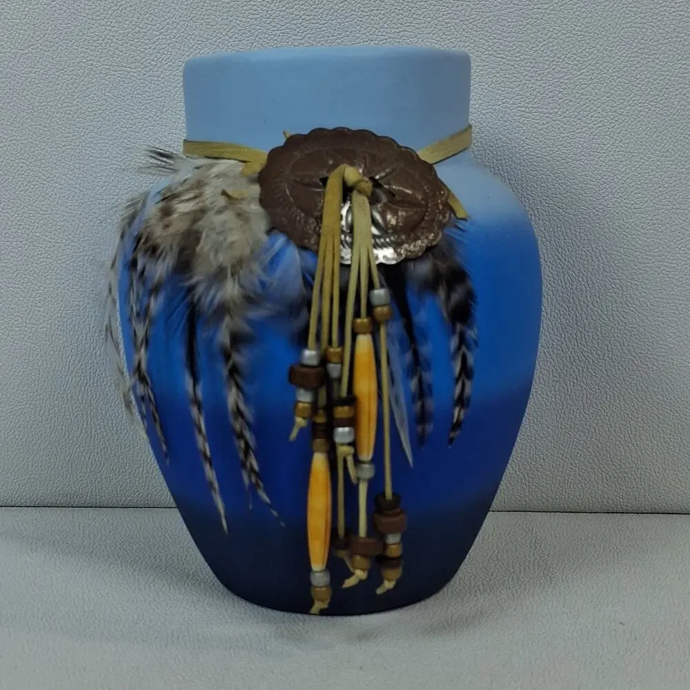 Monague Native Crafts Handcrafted Blue Ombre Ceramic Vase Urn Feathers Beads